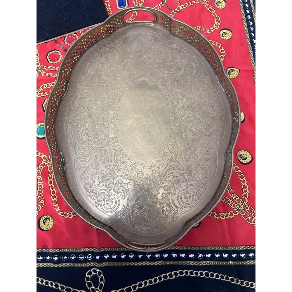 Vintage Brass Serving Tray Heavy Large Decorative Ornate Etched Footed Handles